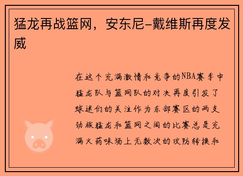 猛龙再战篮网，安东尼-戴维斯再度发威