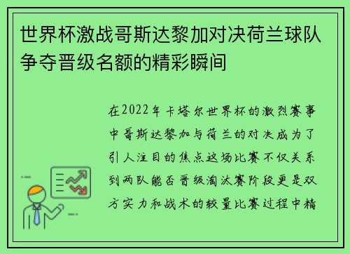 世界杯激战哥斯达黎加对决荷兰球队争夺晋级名额的精彩瞬间